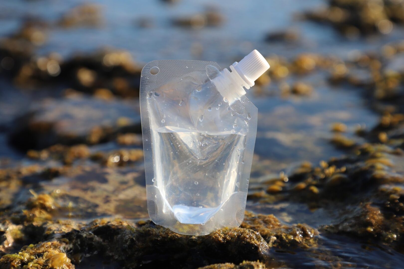 A plastic water bottle sitting on top of rocks.