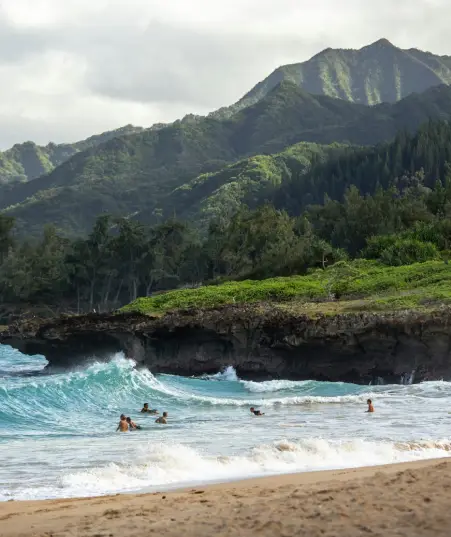 A group of people swimming in the ocean.